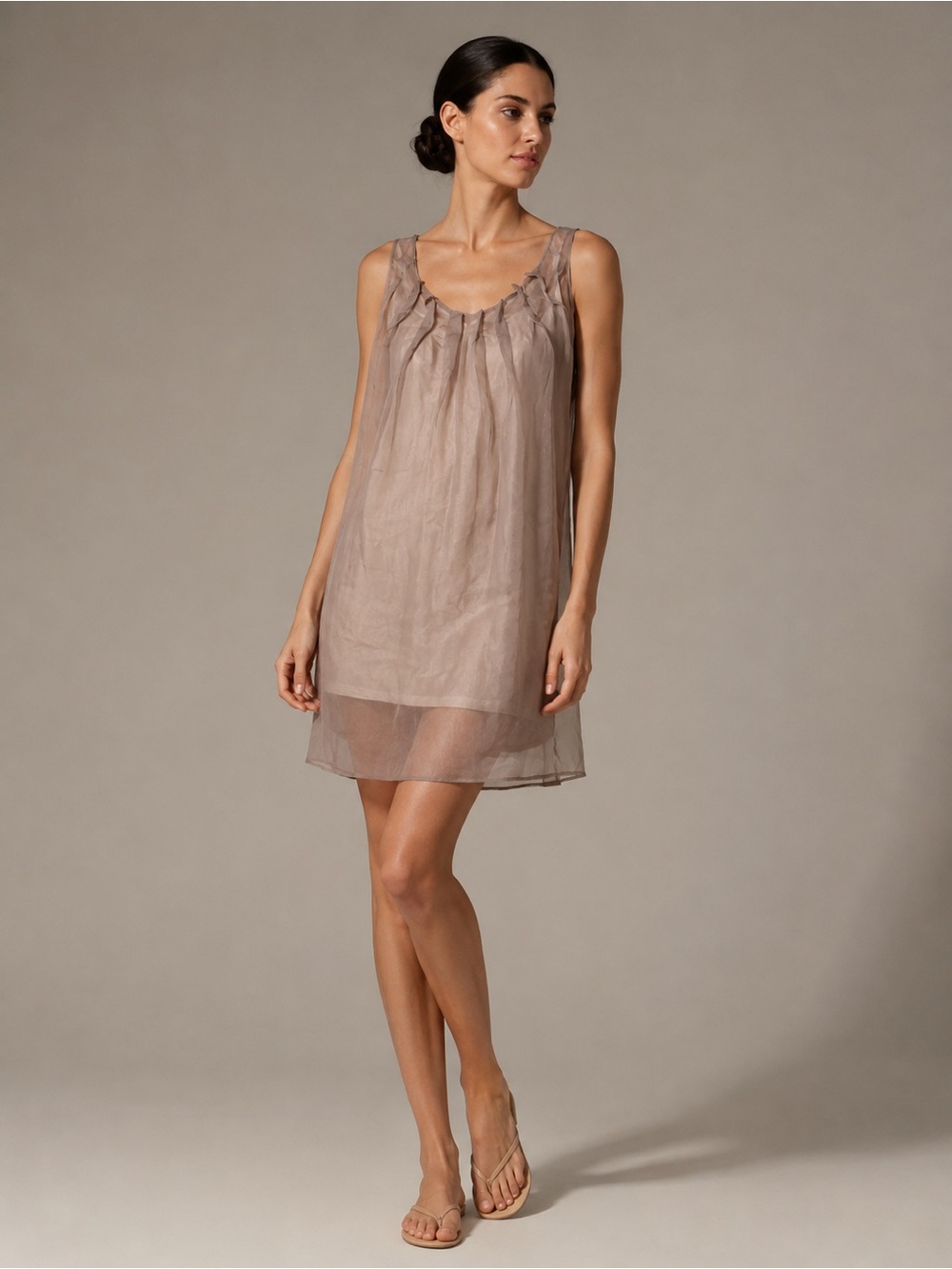Piko 1988 Joyful Adventures Silk Slip Dress S Taupe Sheer Overlay Ruffle Neck